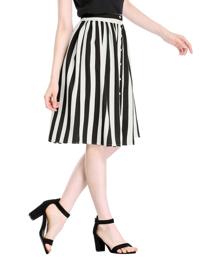 Striped Button Front Elastic Back Waist A-Line Midi Skirt