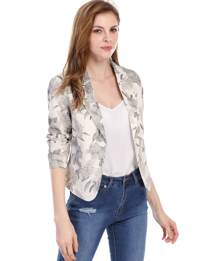 Open Front Floral Work Business Crop Blazer Jacket