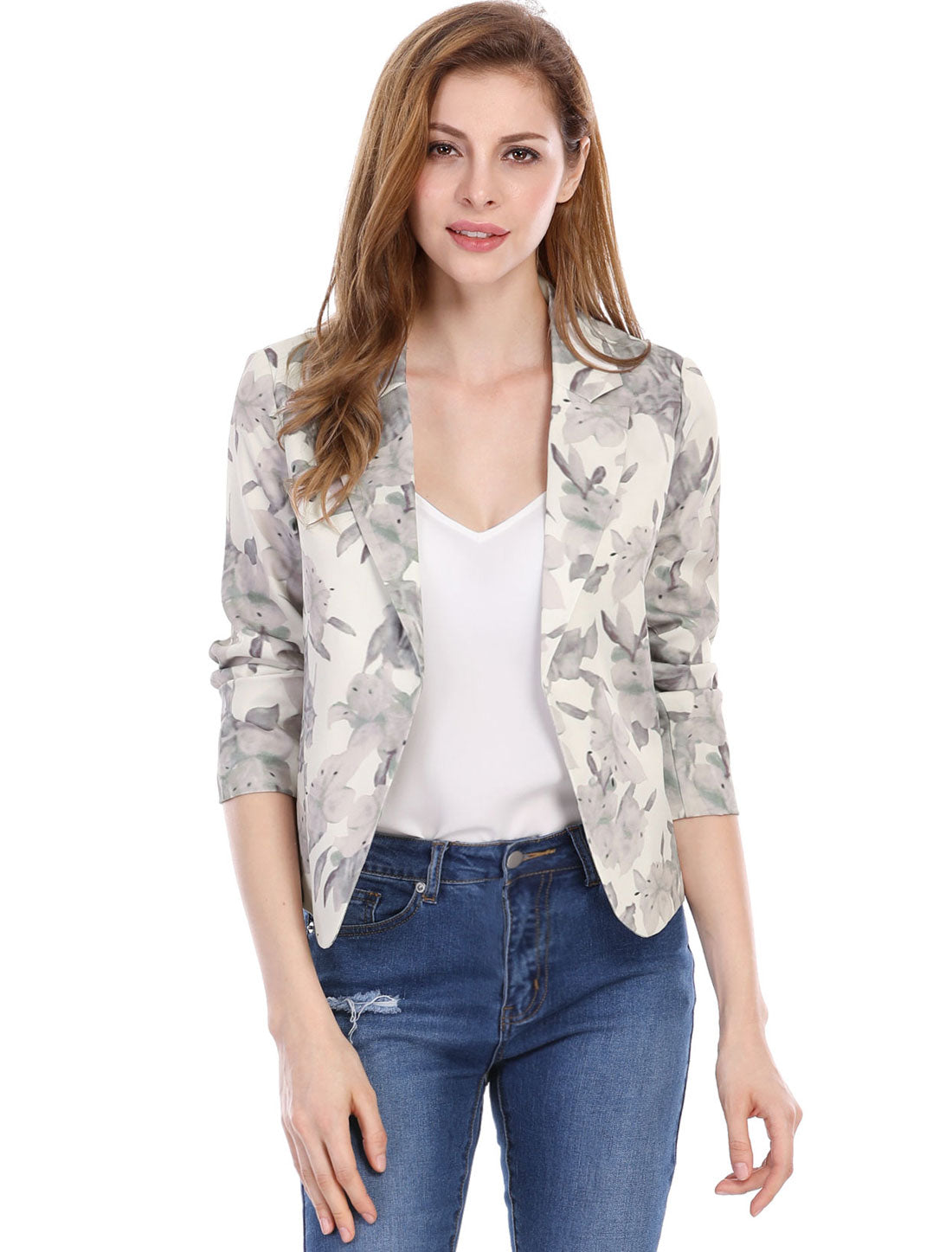 Allegra K Open Front Floral Work Business Crop Blazer Jacket