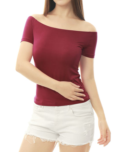 Off Shoulder Short Sleeve Solid Basic Sexy Slim Fit Blouse