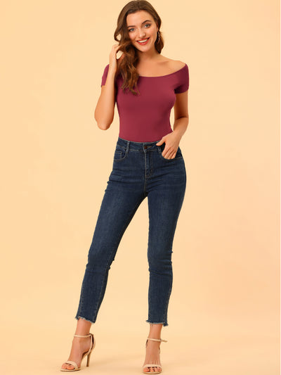 Off Shoulder Short Sleeve Solid Basic Sexy Slim Fit Blouse