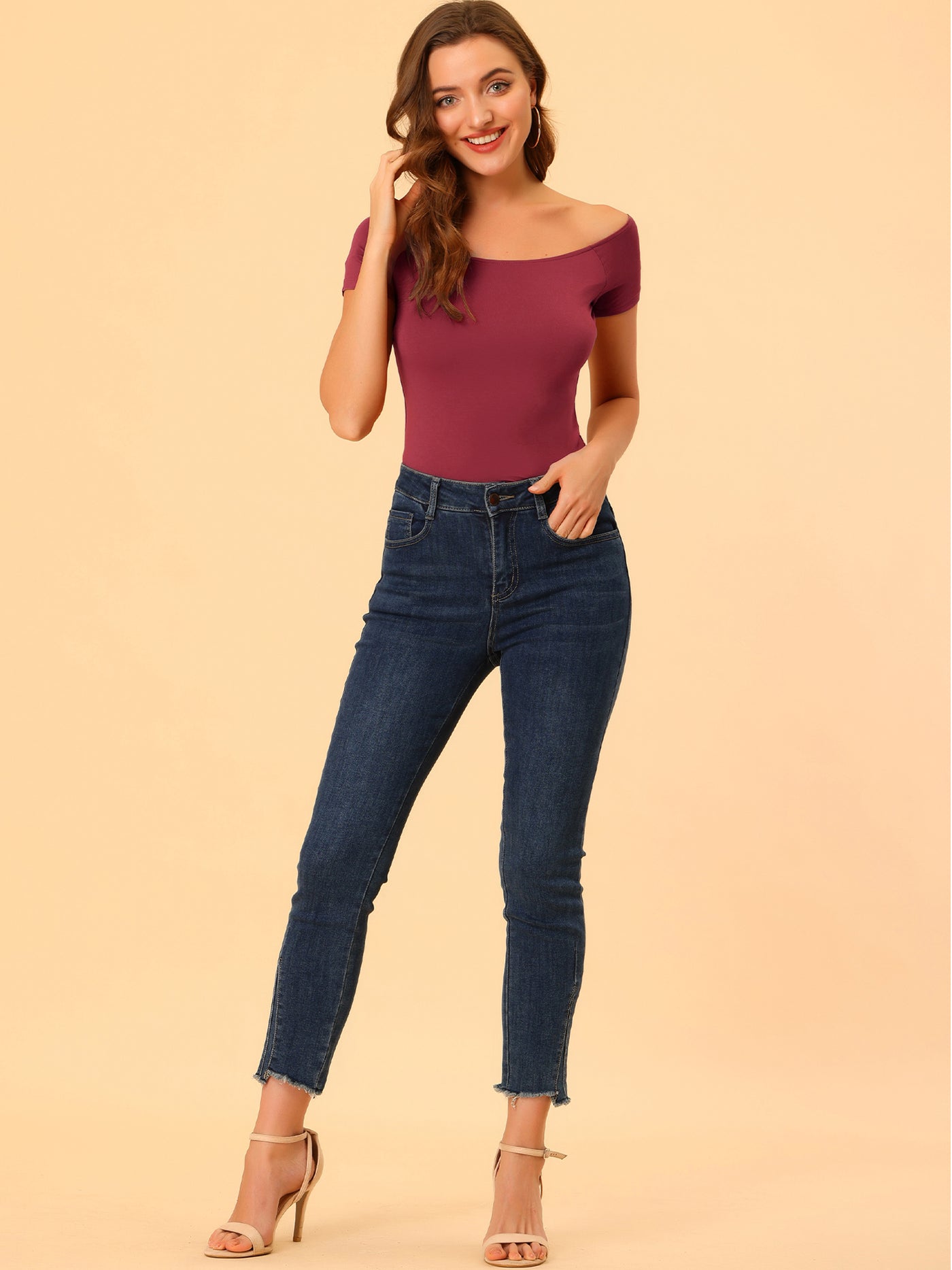 Allegra K Off Shoulder Short Sleeve Solid Basic Sexy Slim Fit Blouse