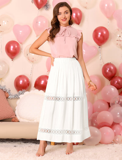 Long Elastic Waist Swing A-Line Lace Insert Maxi Skirt