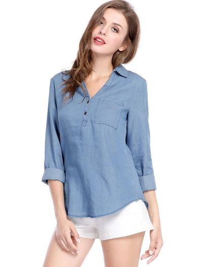 V Neck Turn Down Collar Shirt Top Half Placket Chest Pocket Blouse