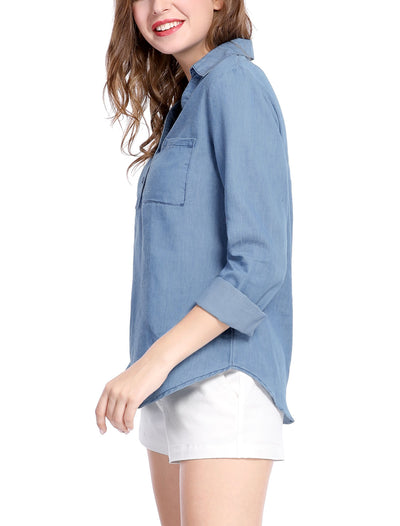 V Neck Turn Down Collar Shirt Top Half Placket Chest Pocket Blouse