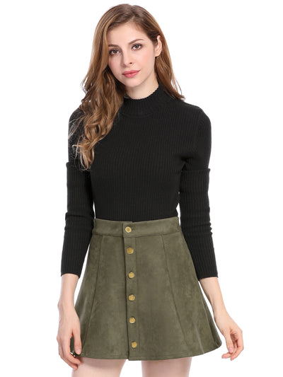 Faux Suede Button Closure A-Line High Waisted Short Skirt