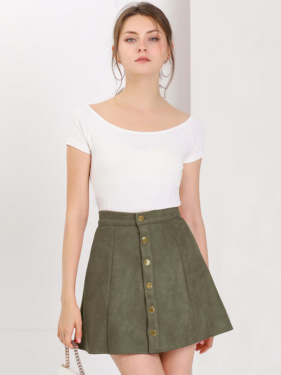 Faux Suede Button Closure A-Line High Waisted Short Skirt