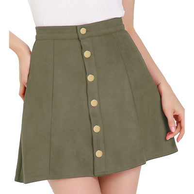 Faux Suede Button Closure A-Line High Waisted Short Skirt