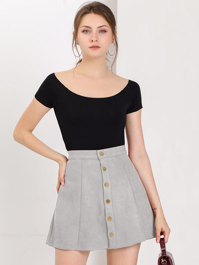 Faux Suede Button Closure A-Line High Waisted Short Skirt