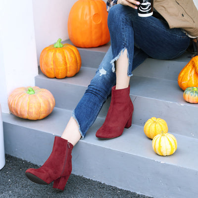 Faux Suede Round Toe Block Heel Zipper Ankle Boots