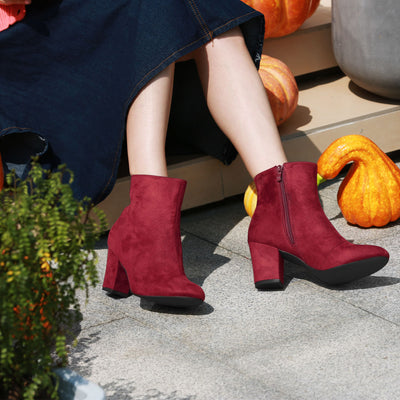 Faux Suede Round Toe Block Heel Zipper Ankle Boots