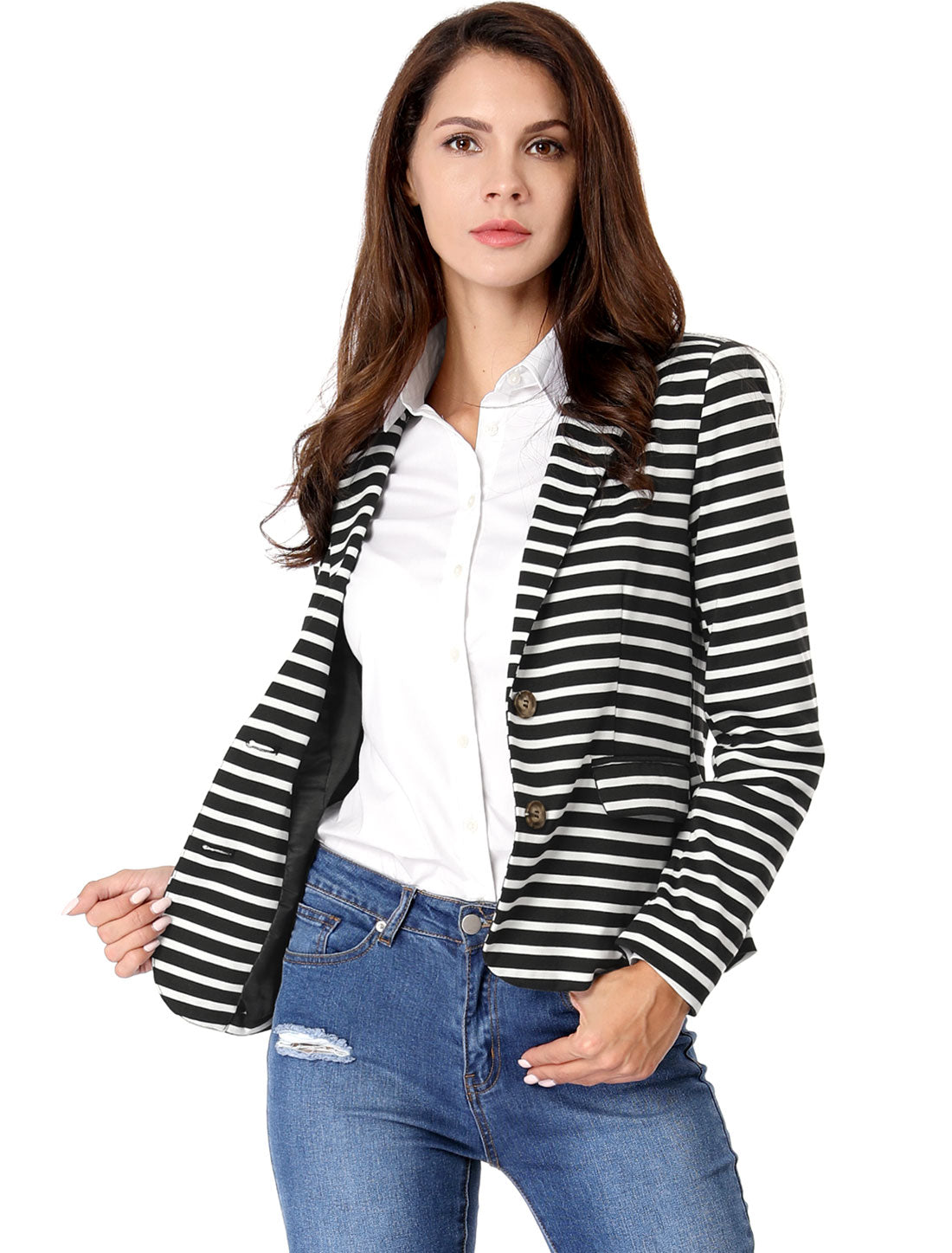 Allegra K Notched Lapel Pocket Button Closure Striped Blazer