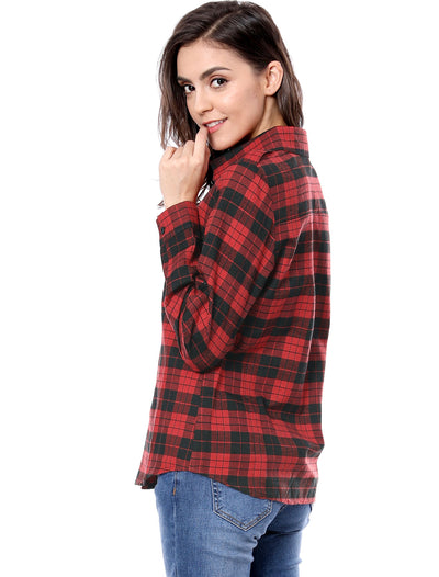 Roll Up Long Sleeve Christmas Button Down Plaid Flannel Shirt Top