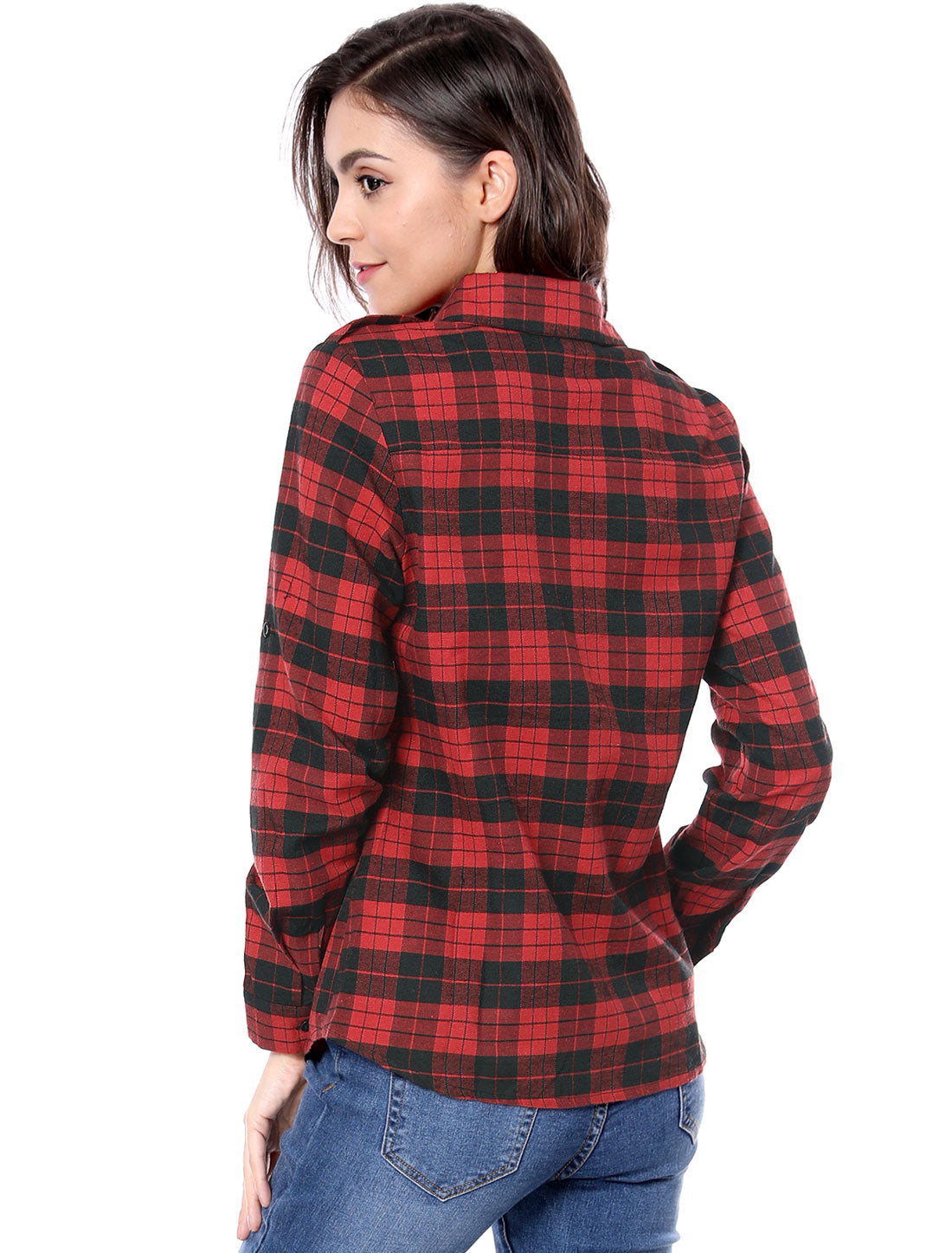 Allegra K Roll Up Long Sleeve Christmas Button Down Plaid Flannel Shirt Top