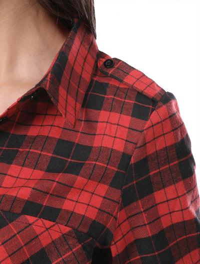 Roll Up Long Sleeve Christmas Button Down Plaid Flannel Shirt Top