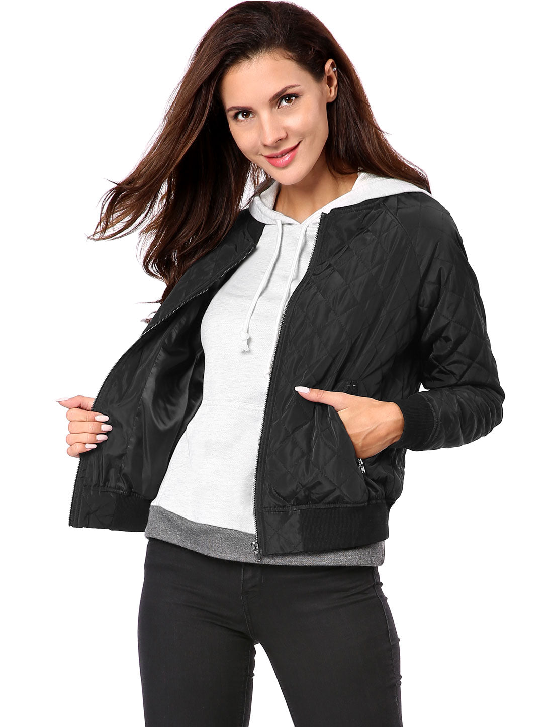 Allegra K Casual Zip Up Raglan Long Sleeve Quilted Bomber Jacket