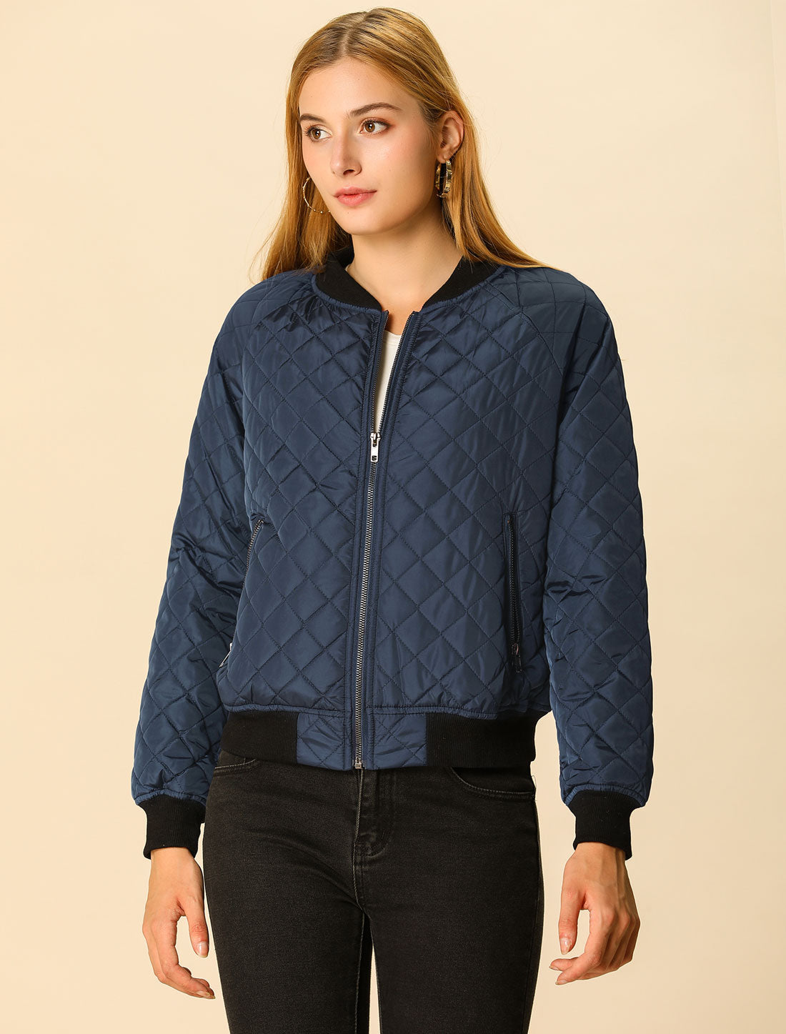 Allegra K Casual Zip Up Raglan Long Sleeve Quilted Bomber Jacket