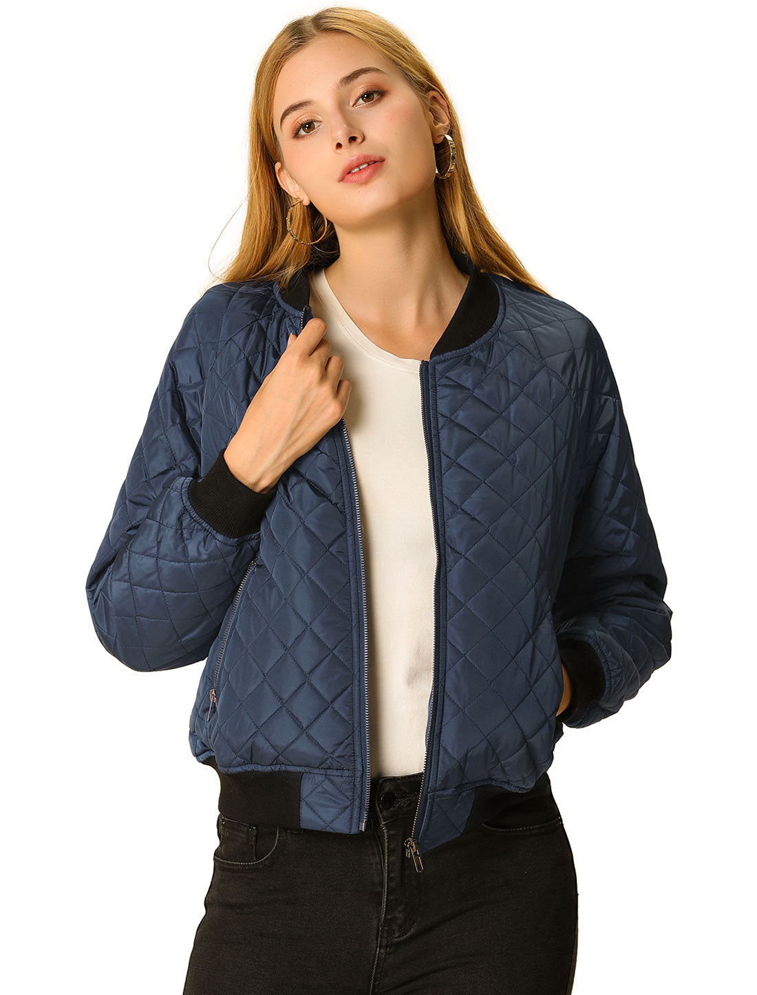 Allegra K Casual Zip Up Raglan Long Sleeve Quilted Bomber Jacket