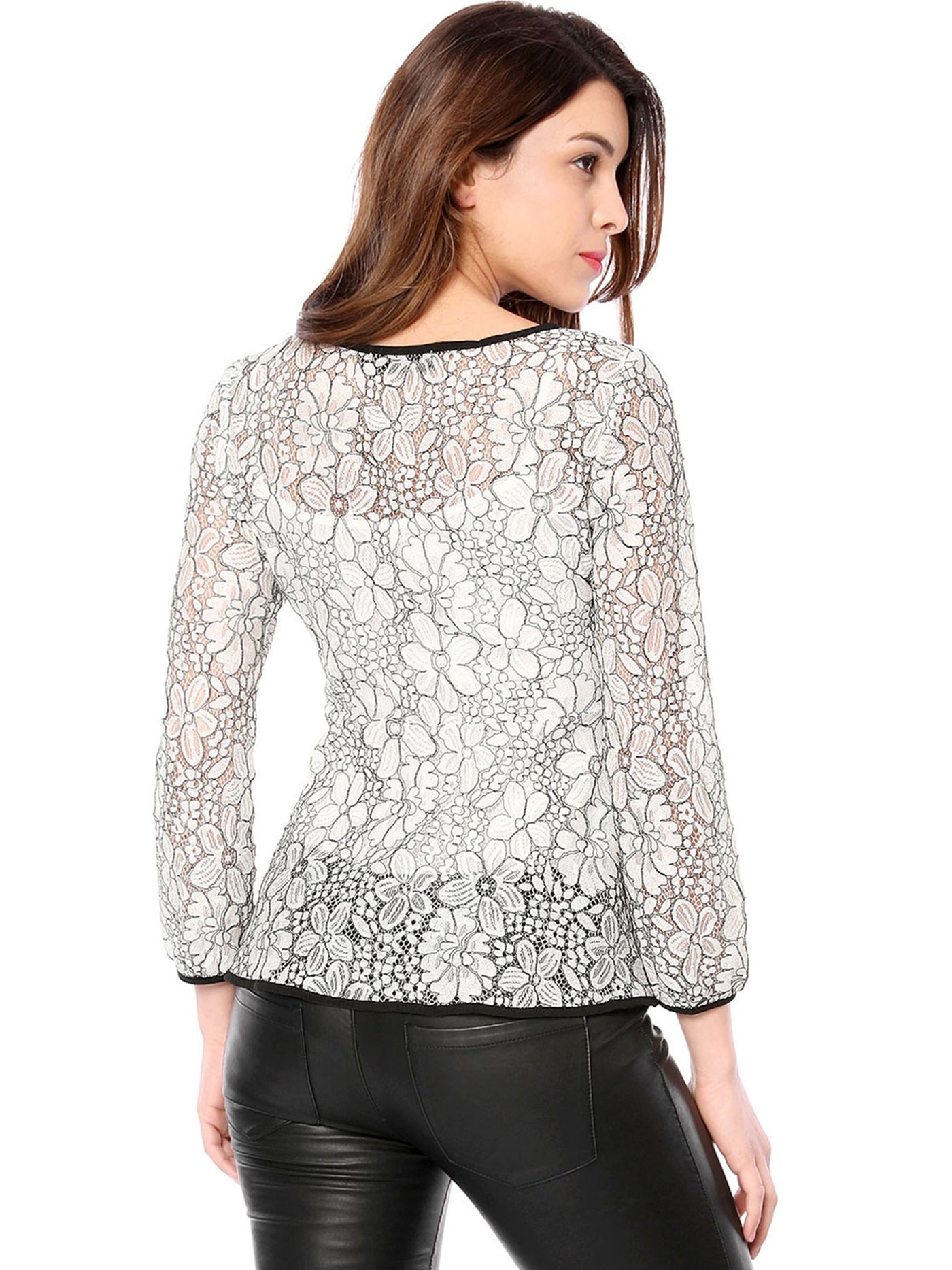 Allegra K Elegant Tie Waist Long Sleeve Top Lace Peplum Blouses