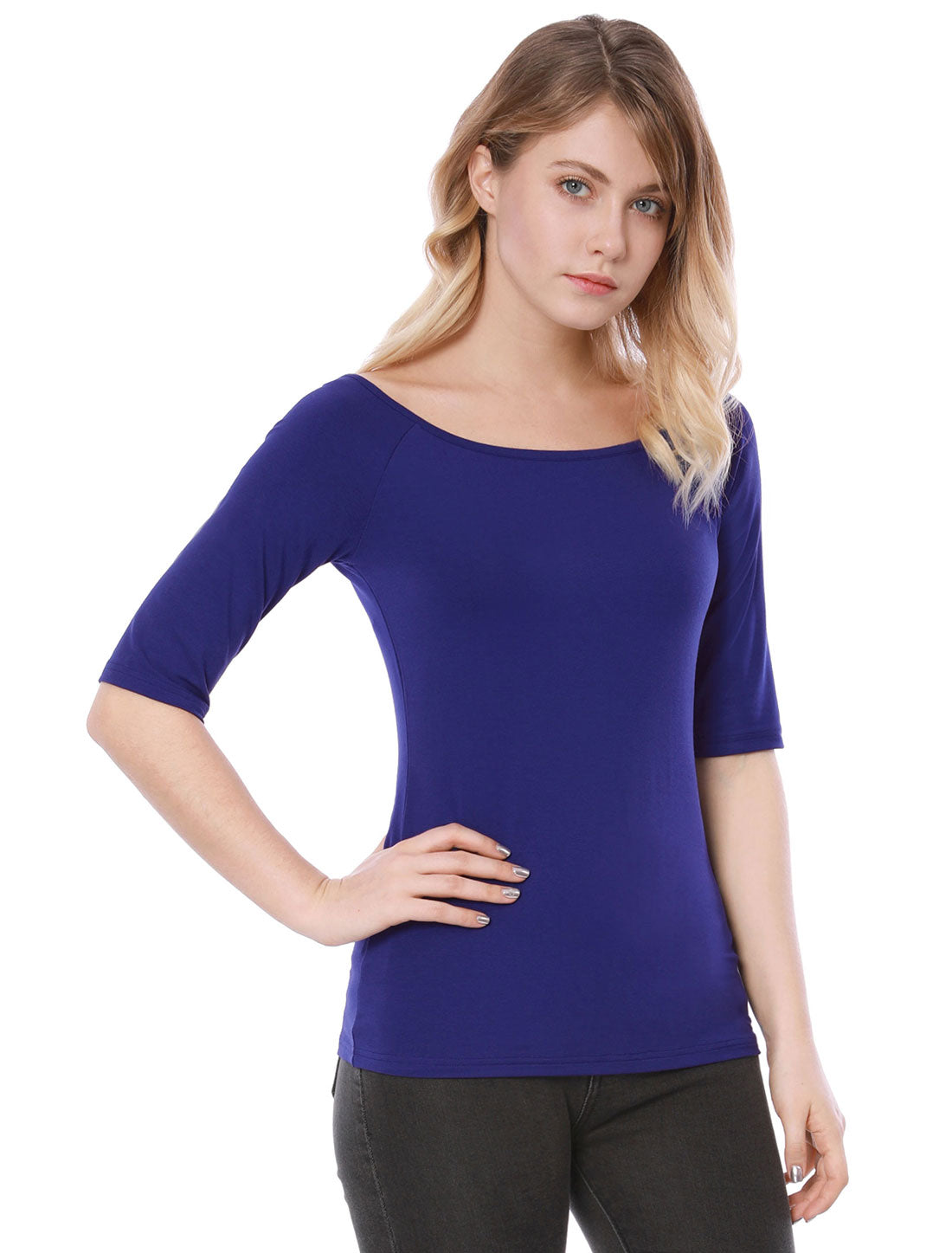 Allegra K Half Sleeve Scoop Neck Fitted Layering Top T-Shirt