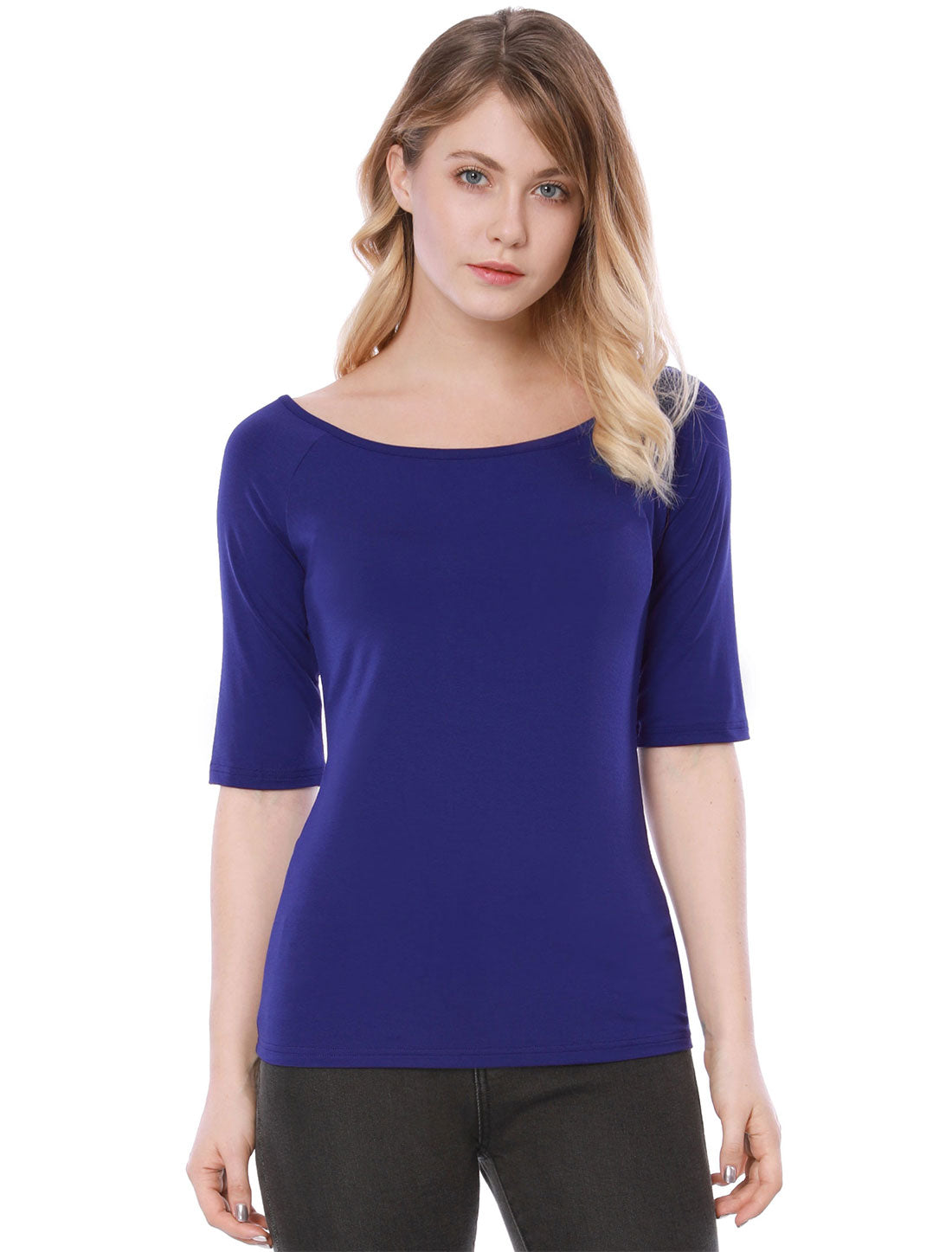 Allegra K Half Sleeve Scoop Neck Fitted Layering Top T-Shirt