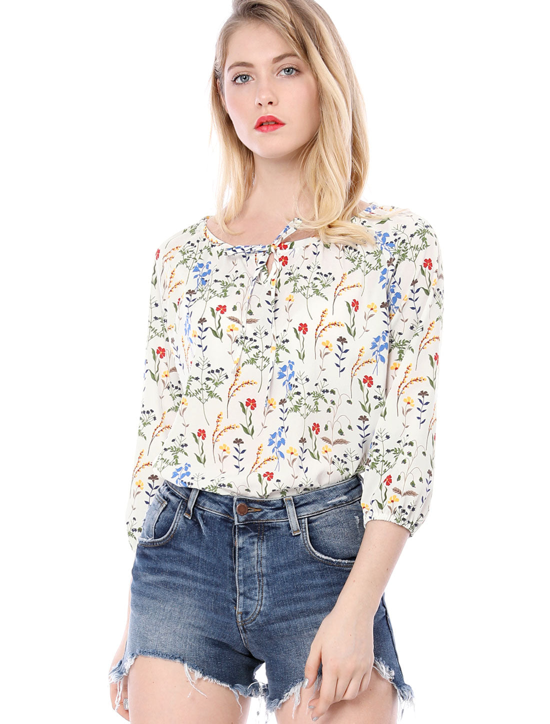 Allegra K Bow Tie Neck 3/4 Raglan Sleeve Floral Blouse Tops