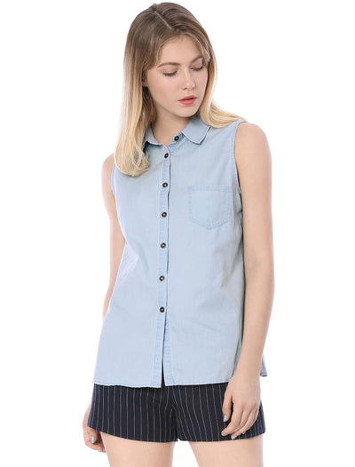 Denim Collar Button Down Casual Office Sleeveless Shirt