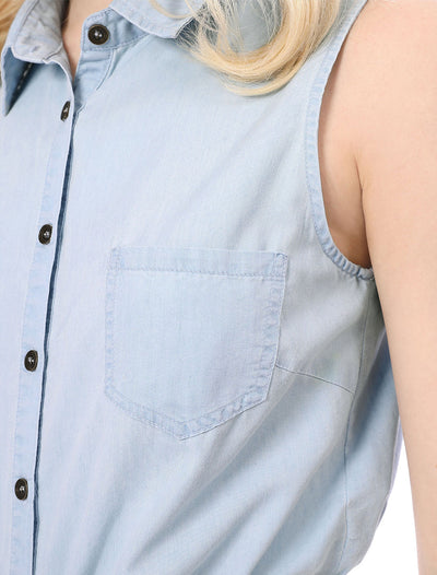 Denim Collar Button Down Casual Office Sleeveless Shirt