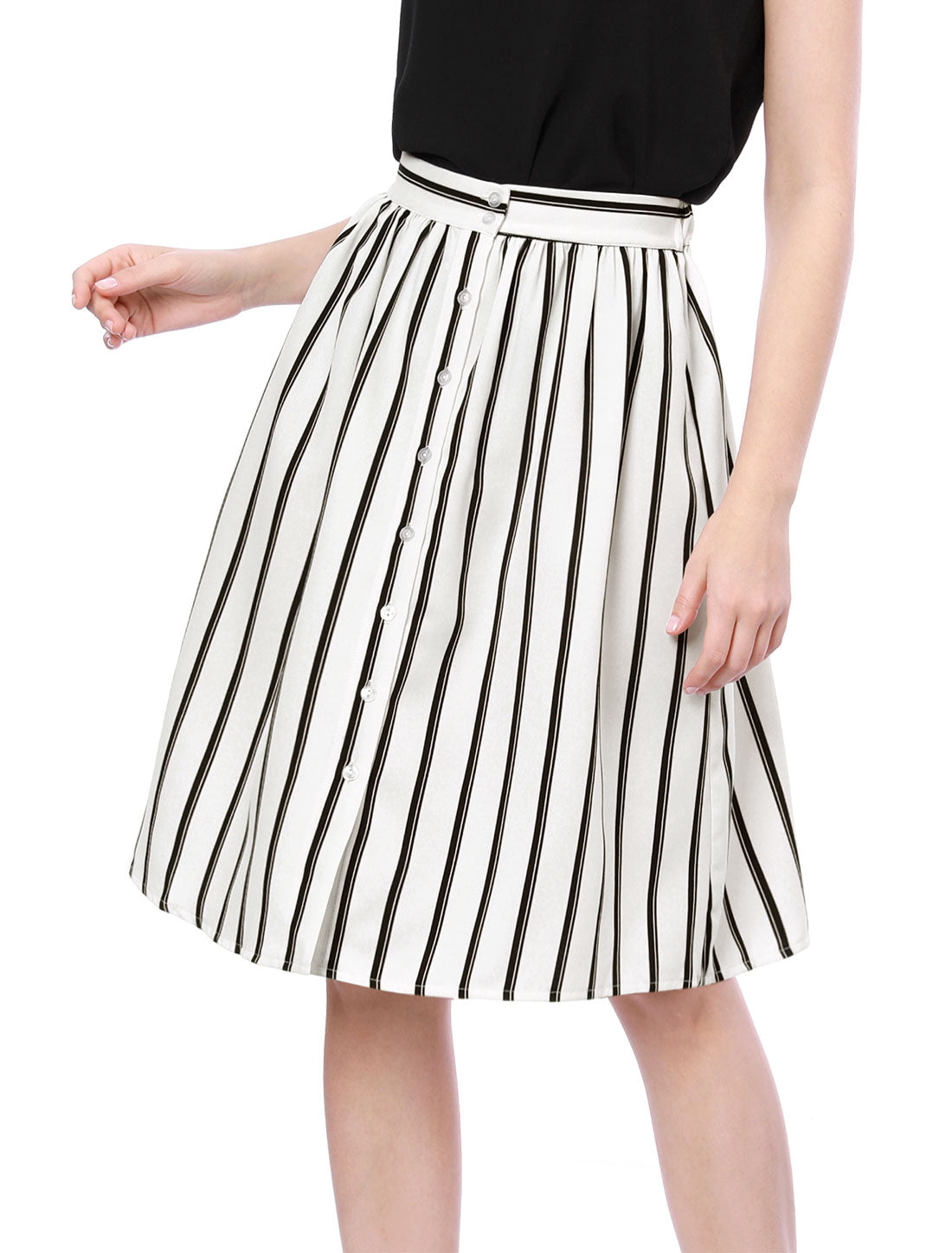Allegra K Striped Button Front Elastic Back Waist A-Line Midi Skirt