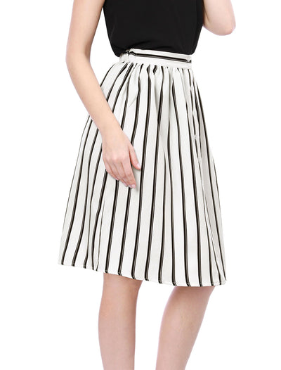 Striped Button Front Elastic Back Waist A-Line Midi Skirt