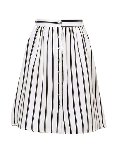 Striped Button Front Elastic Back Waist A-Line Midi Skirt