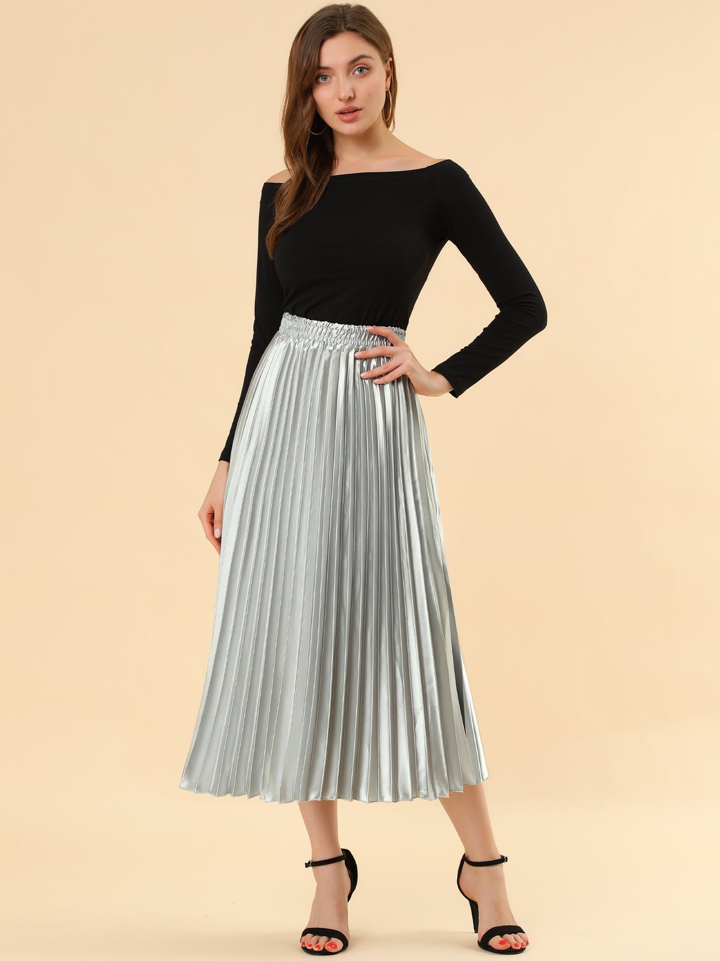 Allegra K Elastic Waist Metallic Shiny Accordion Pleated Midi Skirt