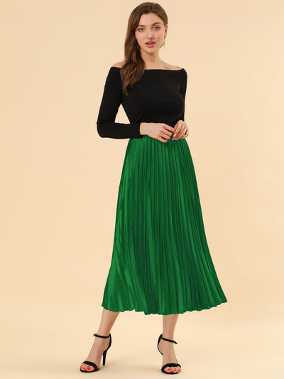 Elastic Waist Metallic Shiny Accordion Pleated Midi Skirt