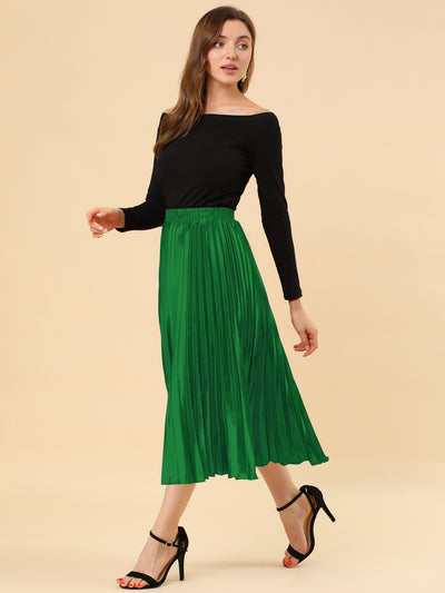 Elastic Waist Metallic Shiny Accordion Pleated Midi Skirt