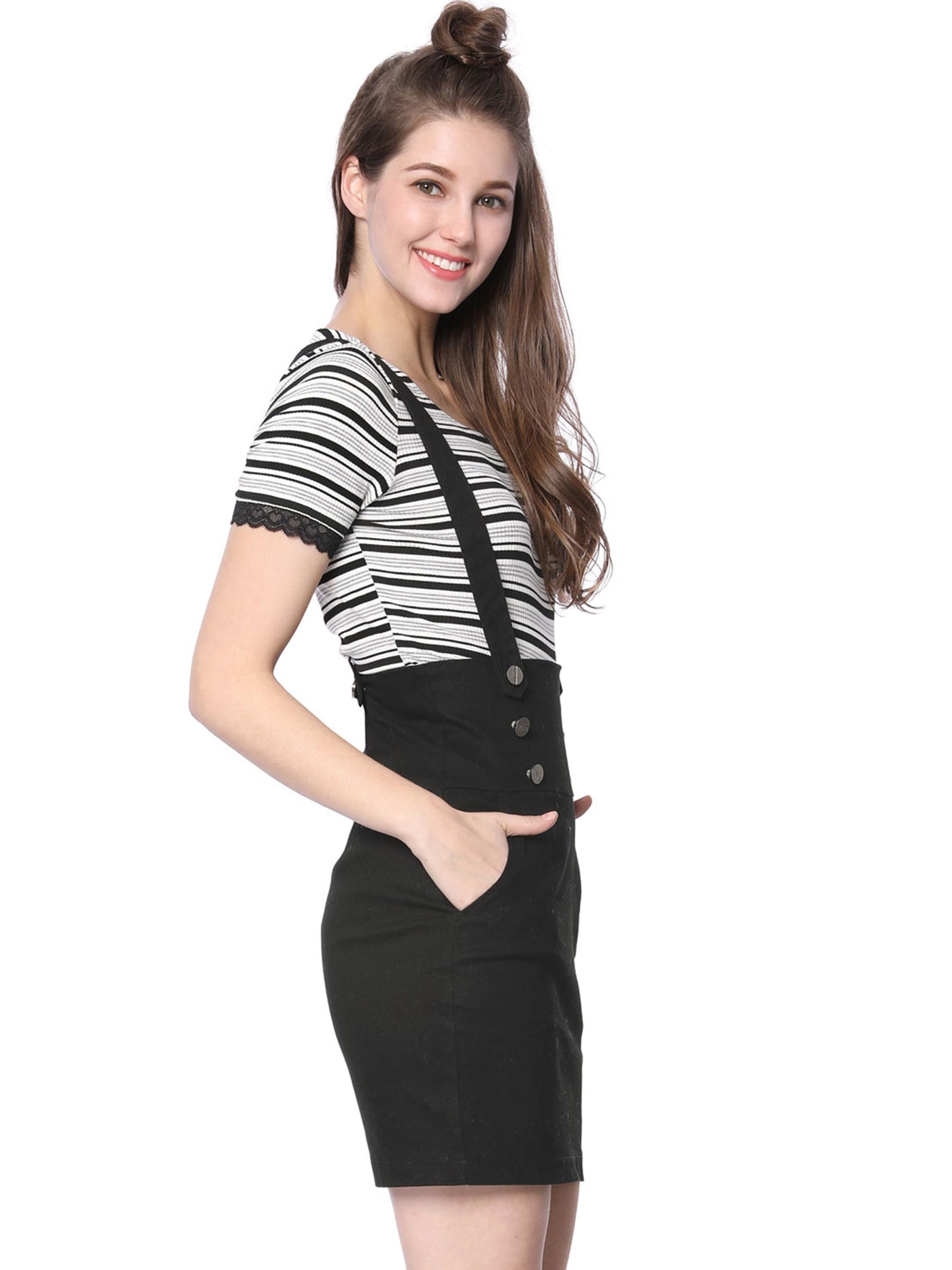 Allegra K High Waist Suspender Adjustable Strap Overalls Short Skirt