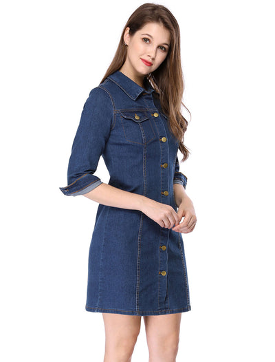 3/4 Sleeve Button Down Denim Shirt Dress