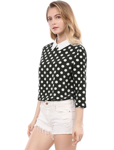 Polka Dots Contrast Peter Pan Collar Top 3/4 Sleeve Blouse Shirt