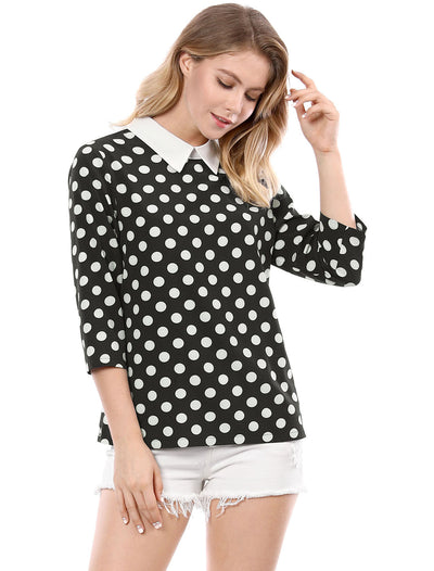 Polka Dots Contrast Peter Pan Collar Top 3/4 Sleeve Blouse Shirt