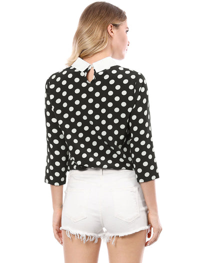 Polka Dots Contrast Peter Pan Collar Top 3/4 Sleeve Blouse Shirt