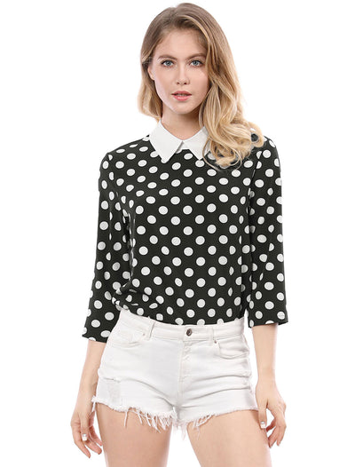 Polka Dots Contrast Peter Pan Collar Top 3/4 Sleeve Blouse Shirt