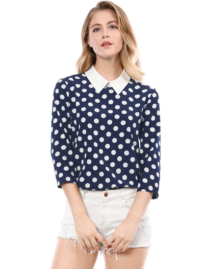 Polka Dots Contrast Peter Pan Collar Top 3/4 Sleeve Blouse Shirt