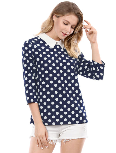 Polka Dots Contrast Peter Pan Collar Top 3/4 Sleeve Blouse Shirt