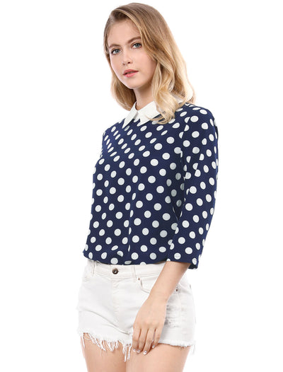 Polka Dots Contrast Peter Pan Collar Top 3/4 Sleeve Blouse Shirt