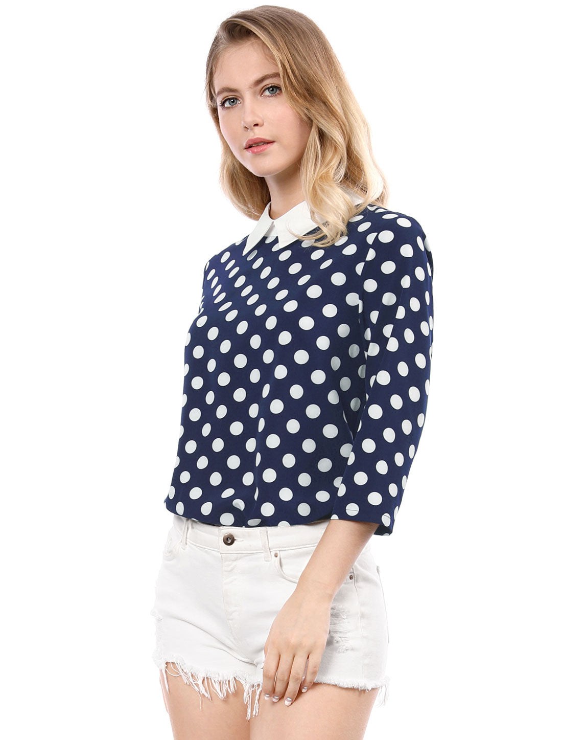 Allegra K Polka Dots Contrast Peter Pan Collar Top 3/4 Sleeve Blouse Shirt