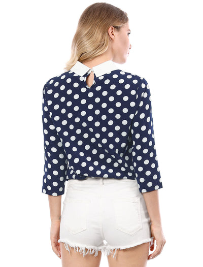 Polka Dots Contrast Peter Pan Collar Top 3/4 Sleeve Blouse Shirt