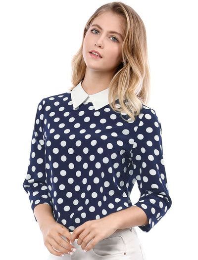 Polka Dots Contrast Peter Pan Collar Top 3/4 Sleeve Blouse Shirt