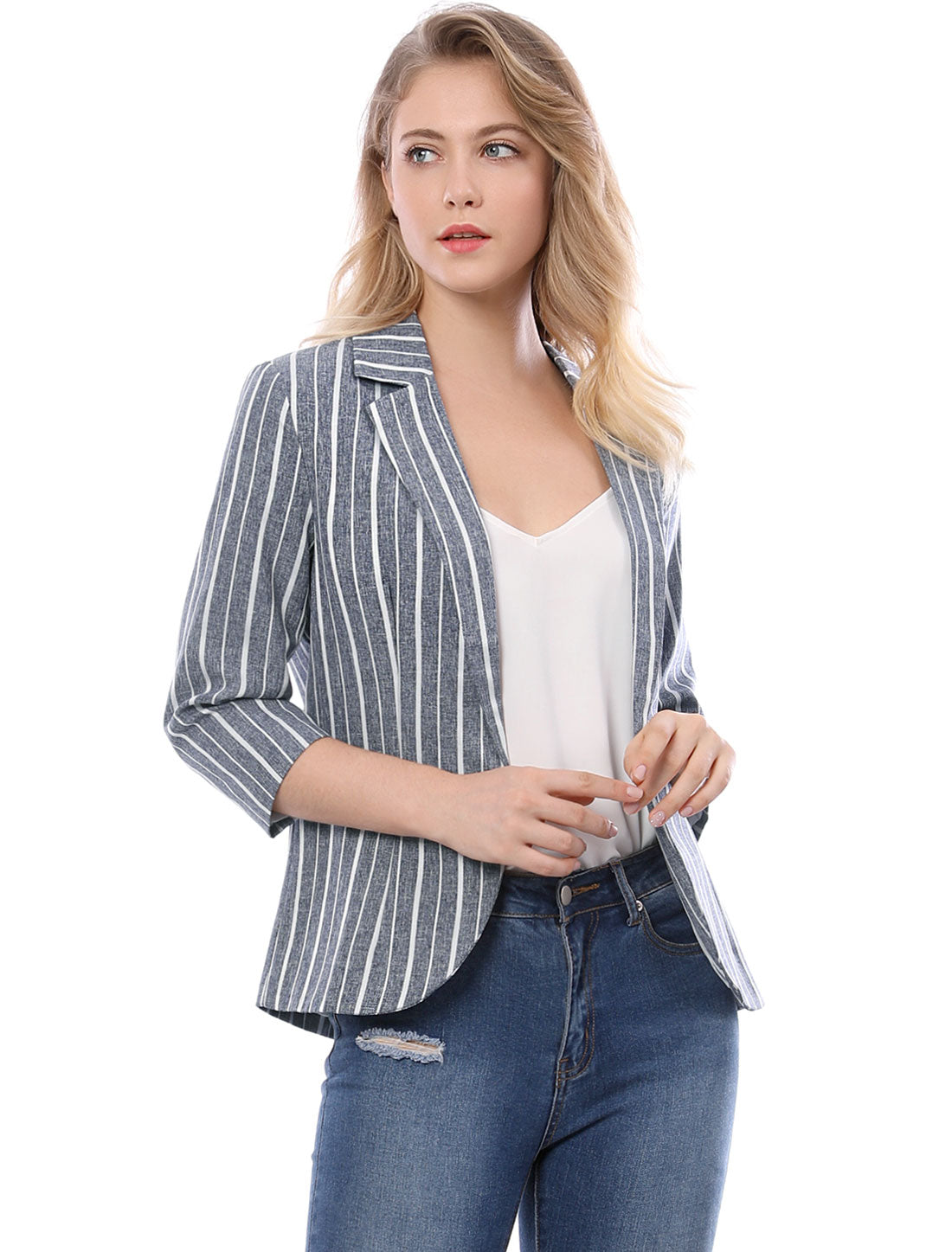 Allegra K Striped 3/4 Sleeve Open Front Notched Lapel Blazer