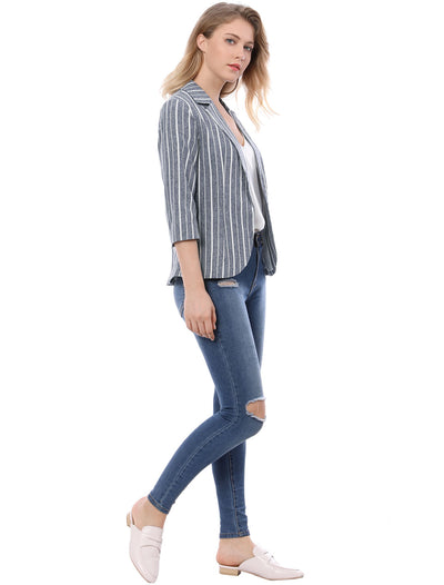 Striped 3/4 Sleeve Open Front Notched Lapel Blazer