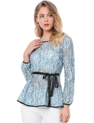 Elegant Tie Waist Long Sleeve Top Lace Peplum Blouses