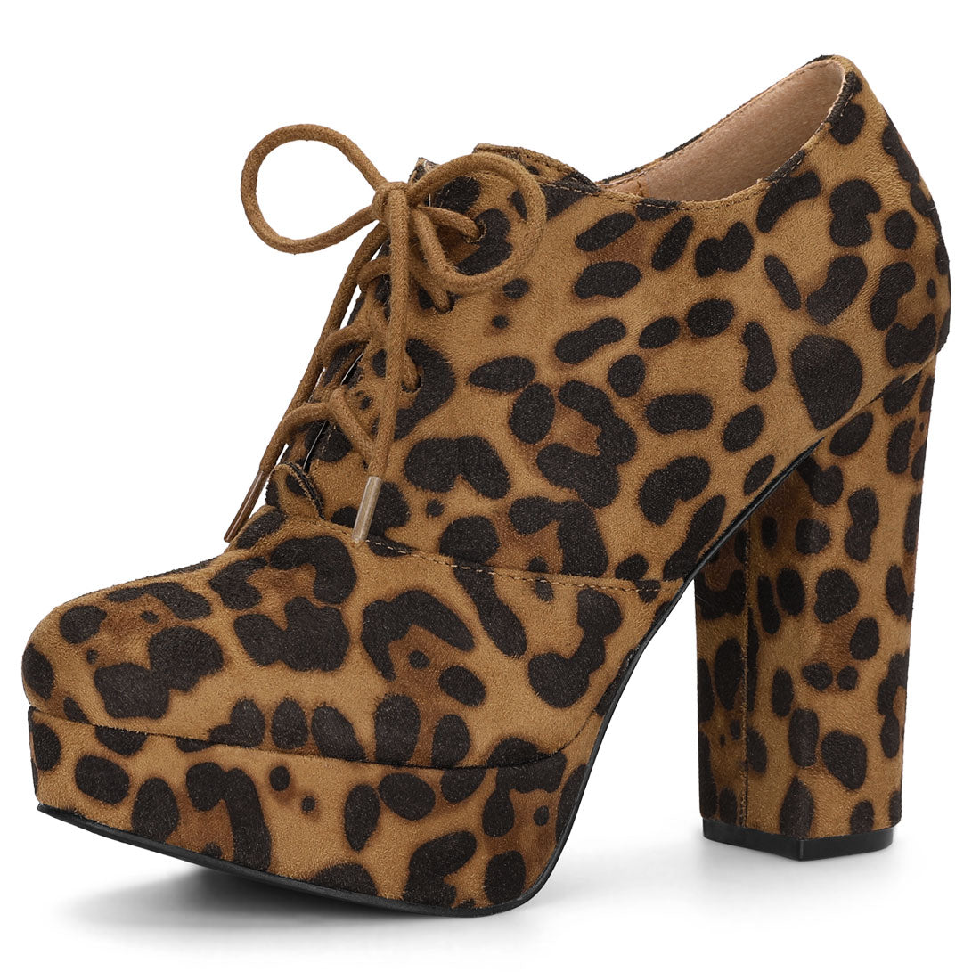 Allegra K Leopard Print Platform Chunky Heel Lace Up Booties